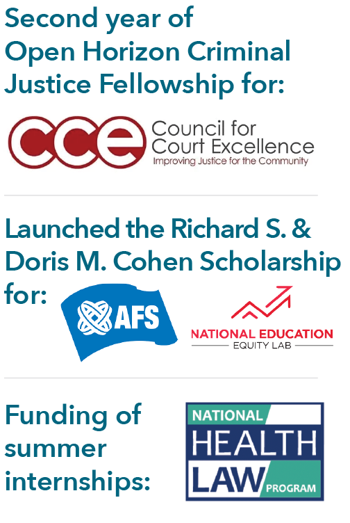 Second year of Open Horizon Criminal Justice Fellowship for Council for Court Excellence; Launched the Richard S. and Doris M. Cohen Scholarship for AFS and National Education Equity Lab; and funding of summer internships for National Health Law Program.